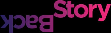 Backstory Global logo in full colour, a bold geometric sans wordmark in which the word Back is rotated 180 degrees and locks into an upright, slightly raised Story.